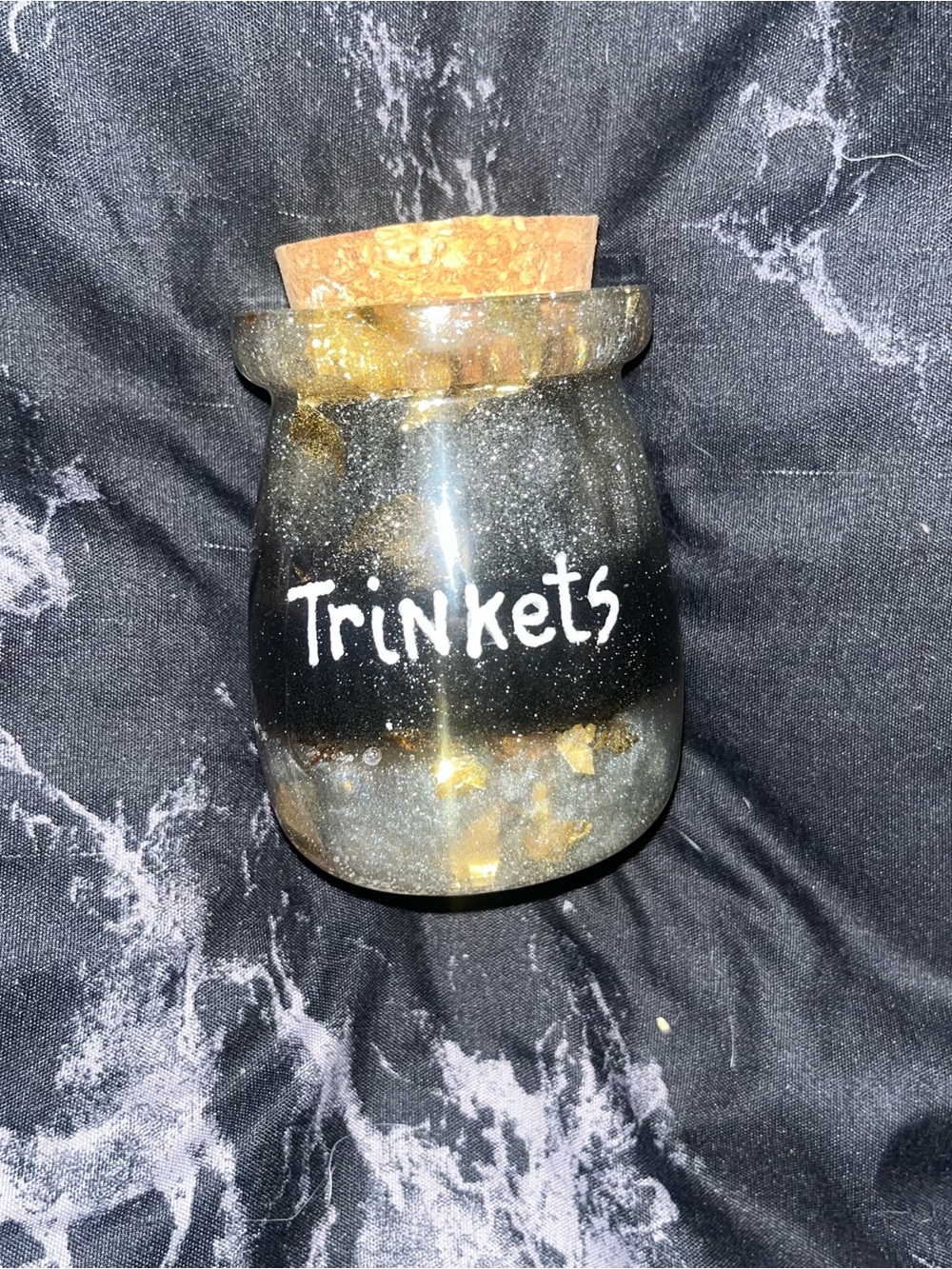Glitter resin Handcrafted Black and Gold flake Trinket Jar with Cork Lid